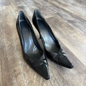 Stuart Weitzman Pointy Toe Eyelet Elegant Black Leather Heels